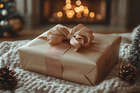 A beautifully wrapped gift with a silky bow sits on a knitted blanket, surrounded by festive decor. the warm glow from a softly lit fireplace in the background enhances the holiday ambiance, creating a perfect christmas scene. Generative AIの素材