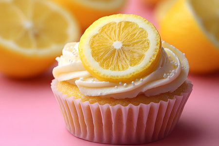 Lemon cupcake topped with creamy frosting and a lemon slice, set against a vibrant pink backdrop. ideal for culinary-themed designs, bakery promotions, or summer dessert inspirations. Generative AIの素材