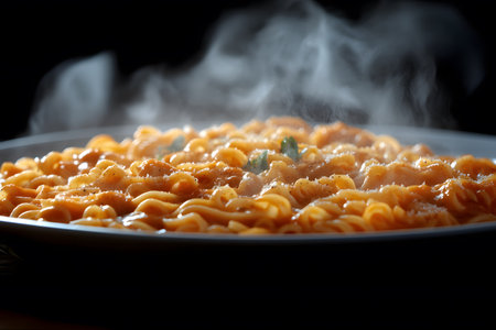 Steaming hot pasta glistening with a rich sauce and garnished with fresh herbs offers a tantalizing glimpse into gourmet dining. perfect for illustrating italian cuisine, home cooking, or food photography themes. Generative AIの素材