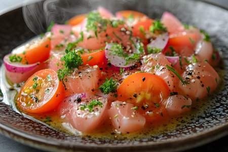 A vibrant ceviche dish featuring fresh fish slices, juicy cherry tomatoes, and red onions, beautifully garnished with chopped parsley and black pepper. set on a dark, textured plate, the ceviche is immersed in a zesty marinade, emitting steam. Generative AIの素材