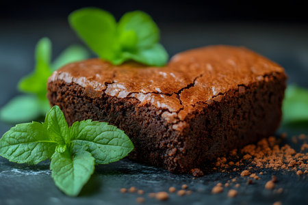Close-up of a rich, fudgy chocolate brownie dusted with cocoa powder, garnished with fresh mint leaves. the dessert's cracked surface adds texture, making it appealing for culinary enthusiasts and recipe developers. Generative AIの素材