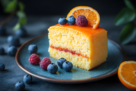 A slice of yellow citrus cake topped with glossy orange glaze sits on a ceramic plate. the cake is adorned with fresh blueberries, raspberries, and an orange slice, creating an inviting dessert setting against a dark, blurred background. Generative AIの素材