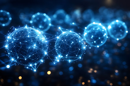 Abstract visualization showcasing a network of interconnected spheres glowing in shades of blue. represents digital communication, technology networks, data transmission, and futuristic connectivity concepts. Generative AIの素材