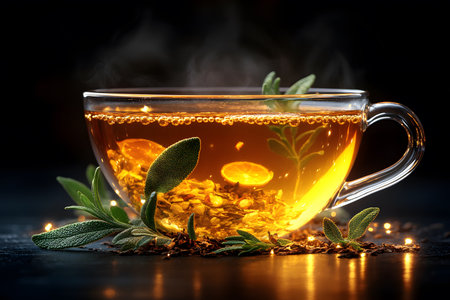Herbal tea infused with fresh sage leaves and citrus slices in a clear cup, set against a dark background with a warm glow. the steaming tea and scattered herbs create a calming and aromatic atmosphere. Generative AIの素材