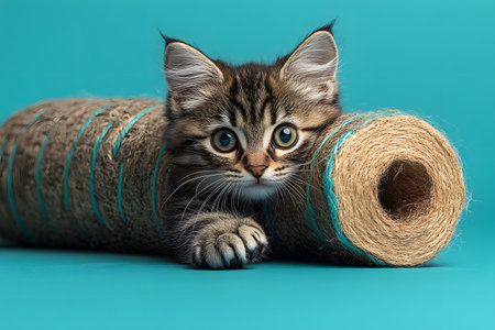 A charming tabby kitten with striking green eyes playfully engages with a textured scratching post. the vibrant turquoise background enhances the playful and youthful essence of the scene, creating a captivating visual. Generative AIの素材