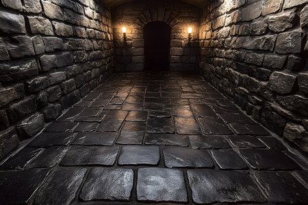 Dark stone corridor with rough, moss-covered walls and a mysterious archway in the background. warm, dim lighting casts soft shadows, creating an atmospheric setting ideal for fantasy and adventure imagery. Generative AIの素材