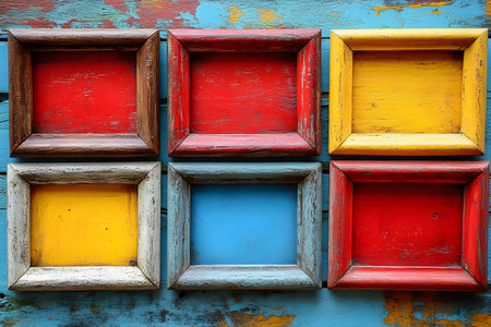 Six vintage wooden frames in various colors are arranged on a distressed blue wooden wall. the frames, painted in red, yellow, and blue, create a vibrant contrast, enhancing the rustic aesthetic of the weathered surface. Generative AIの素材