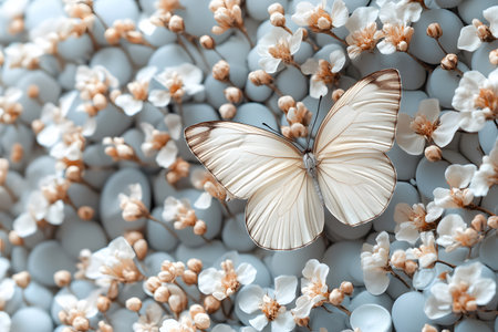 A graceful butterfly with pale wings rests among soft blossoms, creating a serene and delicate visual. the contrast between the butterfly and background evokes themes of tranquility and elegance, ideal for nature or decor-themed projects. Generative AIの素材