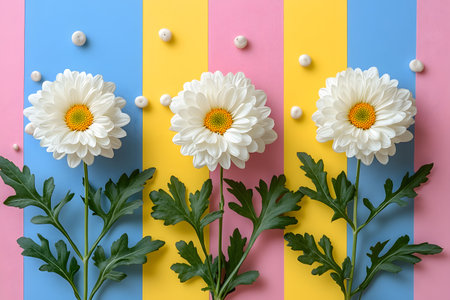 Three white daisies elegantly arranged against a vertically striped background in tones of blue, pink, and yellow. the composition blends freshness with a playful aesthetic, suitable for spring or summer themes and decorative designs. Generative AIの素材