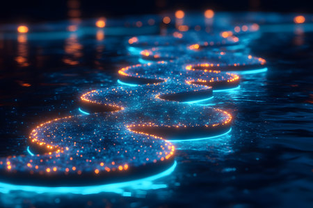 A beautifully lit pathway of glowing stones creates an enchanting path over tranquil water. the vibrant neon lights and reflections evoke a sense of magical ambiance, perfect for themes of exploration and mystical journeys. Generative AIの素材