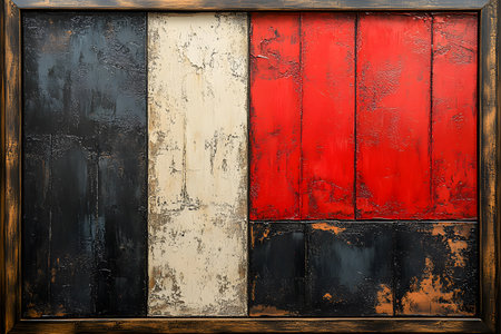 Abstract painting featuring a bold combination of colors and textures. vertical sections in black, cream, and red create a striking geometric composition within a rustic wooden frame, enhancing visual depth and interest. Generative AIの素材