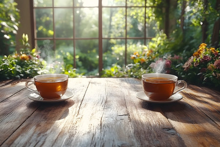 Morning sunlight bathes a rustic wooden table set with two steaming cups of tea, set against a vibrant garden window view. the warm ambiance and lush greenery create a serene atmosphere, perfect for relaxation and unwinding. Generative AIの素材