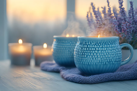 Warm mugs on a soft knitted cloth, accompanied by lavender and candlelight. a serene winter morning setting creates a sense of tranquility and relaxation, perfect for promoting peaceful moments and cozy comfort. Generative AIの素材