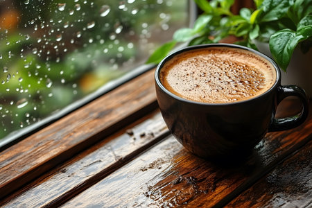 A steaming cup of coffee sits on a wooden windowsill, accompanied by fresh green plants. raindrops dot the window, creating a tranquil backdrop. the scene evokes warmth and comfort, ideal for cozy home decor themes. Generative AIの素材
