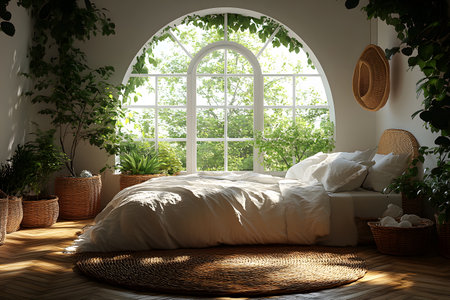 Sunlight filters through an arched window illuminating a serene bedroom adorned with lush plants and wicker baskets. the natural decor and cozy bed create a tranquil atmosphere, perfect for relaxation and nature-inspired design. Generative AIの素材