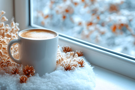 A steaming cup of coffee sits on a snow-covered windowsill, surrounded by delicate pinecones and frosty branches. the soft winter light enhances the cozy and serene atmosphere, evoking the warmth and comfort of a quiet winter morning. Generative AIの素材