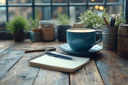 A blue coffee mug sits on a wooden table beside a notebook and pen, creating a cozy workspace. rustic decor, including potted plants and jars, adds charm, while large windows provide natural light, perfect for creative inspiration. Generative AIの素材