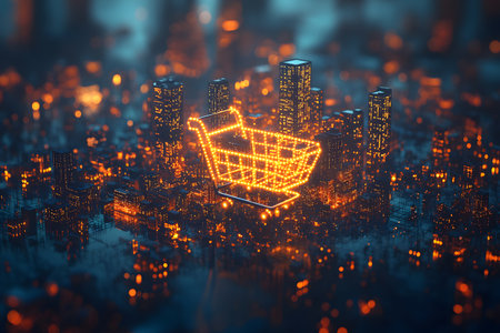 Glowing digital shopping cart icon hovers over a futuristic, illuminated cityscape at night, symbolizing online shopping's integration with modern urban life. the scene reflects technology's role in retail and commerce. Generative AIの素材