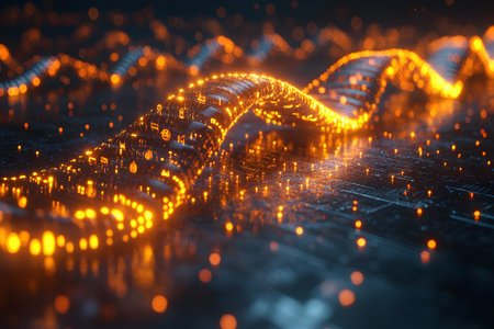 A glowing digital wave travels across a circuit board in a vibrant, futuristic scene, symbolizing advanced technology and innovation. the image's dynamic blend of light and geometric patterns highlights concepts of connectivity and modern digital landscapes. Generative AIの素材