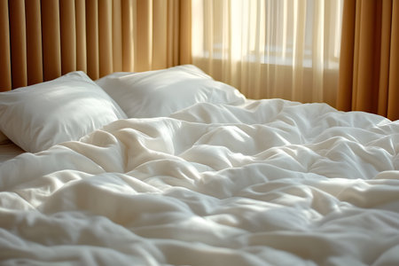 A beautifully sunlit bedroom scene featuring an unmade bed with white linens and pillows. soft natural light filters through sheer curtains, creating a warm and inviting atmosphere that evokes feelings of relaxation and serenity. Generative AIの素材