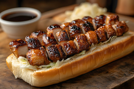 Delicious teriyaki chicken sub sandwich featuring juicy, grilled chicken pieces glazed with rich teriyaki sauce, nestled on a bed of fresh cabbage in a soft sub roll. perfect for lunch or dinner, offering a delectable fusion of flavor and texture. Generative AIの素材