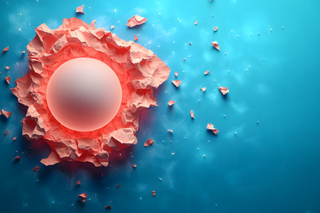 Abstract artistic composition featuring a vibrant pink crumpled paper forming a circle around a central sphere, set against a contrasting bright blue background. ideal for contemporary design, illustrating creativity and modern aesthetics. Generative AIの素材