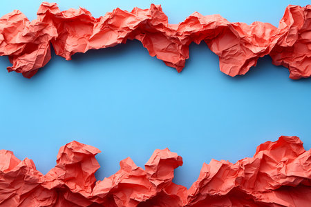 Red crumpled paper pieces form an abstract border on a blue background. the contrasting colors and textures create a dynamic and visually engaging composition, ideal for creative design or artistic projects. Generative AIの素材