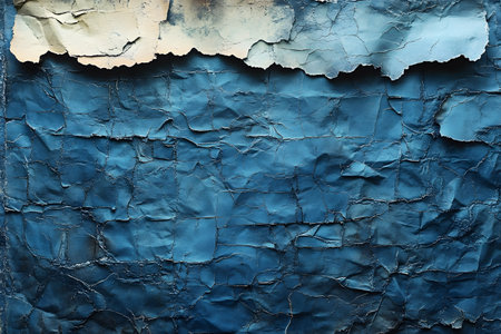 A detailed view of a wall featuring peeling blue paint, showcasing a textured and abstract aesthetic. the surface's intricate layers and cracks create a visually engaging pattern ideal for background use in design projects. Generative AIの素材