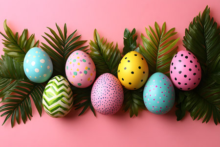Colorful easter eggs featuring various patterns, including polka dots and chevrons, are artfully displayed against a pink backdrop. tropical green leaves add contrast and a festive, springtime feel to the composition. Generative AIの素材