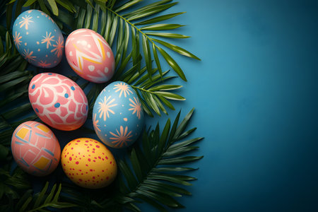 Vibrant easter eggs featuring unique patterns set against a lush backdrop of palm leaves on a vivid blue background. ideal for celebrating easter, spring themes, and nature-inspired designs, perfect for print or digital use. Generative AIの素材
