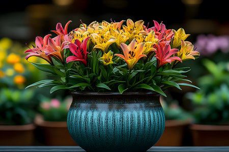 A colorful arrangement of red, yellow, and orange lilies in a striking blue ceramic pot, set against a blurred floral garden background. perfect for decor, floral inspiration, and celebrating spring or summer events. Generative AIの素材