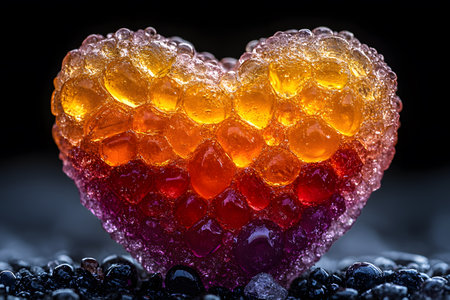 A heart-shaped gummy candy with vibrant orange and purple hues, covered in shimmering bubbles. the glossy texture and colorful design make it ideal for confectionery themes, romantic designs, or valentine's projects. Generative AIの素材