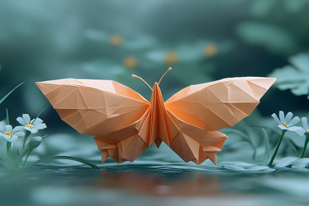 A delicate origami butterfly crafted from orange paper rests amidst lush greenery and small white flowers. soft focus background highlights the intricate folds of the butterfly, creating a tranquil and artistic scene. Generative AIの素材
