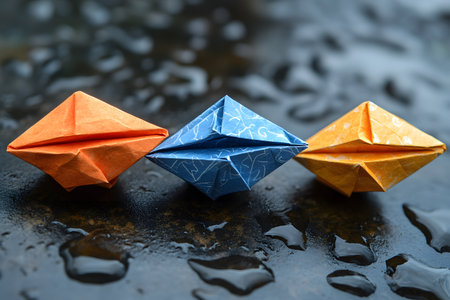 Three vibrant origami boats, in orange, blue, and yellow, rest on a wet surface. the raindrop-like reflections on the surface enhance their colors and textures, showcasing a blend of creativity, craftsmanship, and the art of paper folding. Generative AIの素材