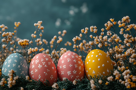 Decorated easter eggs showcased amidst delicate floral branches. each egg features intricate patterns, set against a blurred background, creating a serene and festive atmosphere perfect for seasonal projects. Generative AIの素材