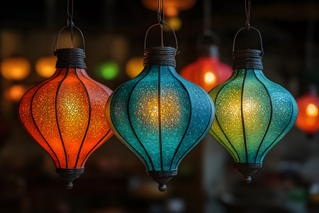 Three colorful lanterns in red, blue, and green create a warm and inviting atmosphere. their intricate designs and glowing light are perfect for festive occasions and ambient lighting, adding charm to any space. Generative AIの素材