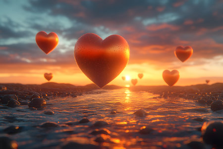 Surreal scene of heart-shaped balloons floating over a shimmering ocean at sunset. the warm colors of the sky blend with reflections on the water, creating a romantic and dreamy atmosphere perfect for valentine's day themes. Generative AIの素材