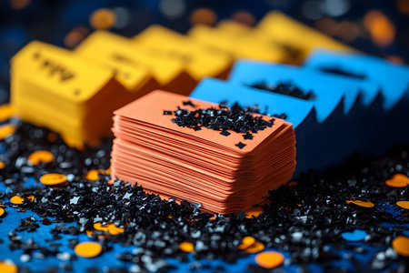 Vibrant composition featuring stacks of orange and blue cards surrounded by black and orange confetti. perfect for festive occasions, celebrations, and creative design projects to enhance invitations or party decor. Generative AIの素材