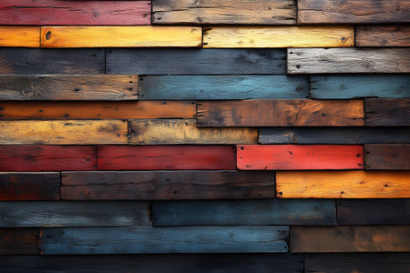 Rustic wooden planks in a variety of earthy tones form a visually appealing, textural background. the layered arrangement showcases natural grains and rich colors, offering an ideal design element for interior decor, websites, or print materials. Generative AIの素材