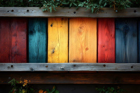 A striking wooden fence painted in vibrant colors including teal, yellow, orange, and red, framed with natural wood and surrounded by lush green foliage. ideal for home and garden design inspiration, showcasing a blend of rustic and colorful elements. Generative AIの素材