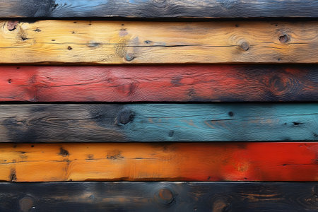Colorful wooden planks showcase a rustic texture with visible grain and knots. the vibrant hues of red, blue, orange, and yellow create a lively, warm aesthetic perfect for backgrounds, designs, and artistic projects. Generative AIの素材