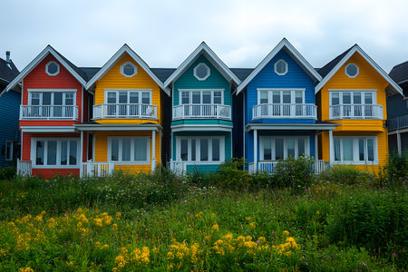 A picturesque line of colorful houses, each painted in bright reds, yellows, and blues, stands out against a cloudy sky. the foreground is filled with lush greenery and wildflowers, creating a vibrant and inviting coastal scene. Generative AIの素材