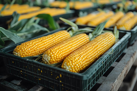 Fresh corn on the cob neatly arranged in black plastic crates, ready for market sale. the vibrant yellow hues suggest peak ripeness, the agricultural bounty and focus on farm-to-table produce. Generative AIの素材