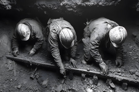 Three coal miners labor intensively in a dimly lit underground mine, showcasing teamwork and the harsh realities of industrial labor. they are covered in coal dust, emphasizing the challenging work environment. Generative AIの素材