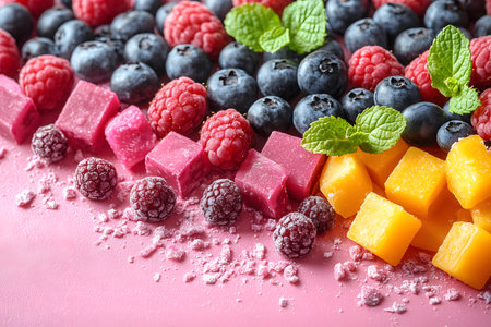 A vibrant arrangement showcasing fresh blueberries, raspberries, and mango cubes with mint leaves on a pink textured surface. the composition highlights a blend of natural colors and textures, ideal for culinary inspiration. Generative AIの素材