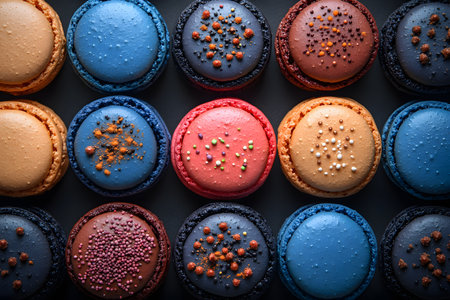 An artistic display of assorted macarons in a vibrant color palette, showcasing a variety of toppings and textured surfaces. set against a dark backdrop, this image highlights the elegance and appeal of gourmet desserts. Generative AIの素材