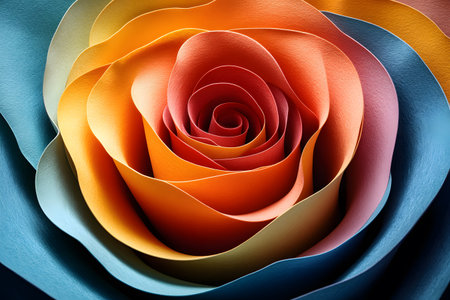 Close-up of a multicolored paper rose featuring vibrant shades of orange, blue, and teal, showcasing meticulous craftsmanship. ideal for art enthusiasts, creative design projects, and decorative themes. Generative AIの素材