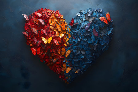 A visually striking heart-shaped collage made from a multitude of colorful butterflies. the heart is divided into warm red and cool blue tones, symbolizing duality and harmony against a dark textured background, ideal for artistic inspiration. Generative AIの素材
