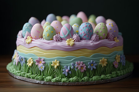 A beautifully designed pastel cake adorned with colorful decorated eggs and delicate floral patterns, perfect for easter celebrations. the intricate frosting details create a festive, springtime atmosphere. Generative AIの素材