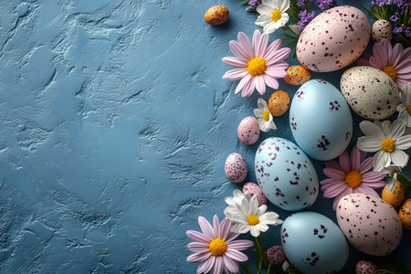 A vibrant arrangement of speckled easter eggs surrounded by daisies and lilacs on a textured blue surface. the composition reflects the essence of spring, with pastel colors and natural beauty, ideal for easter-themed designs. Generative AIの素材